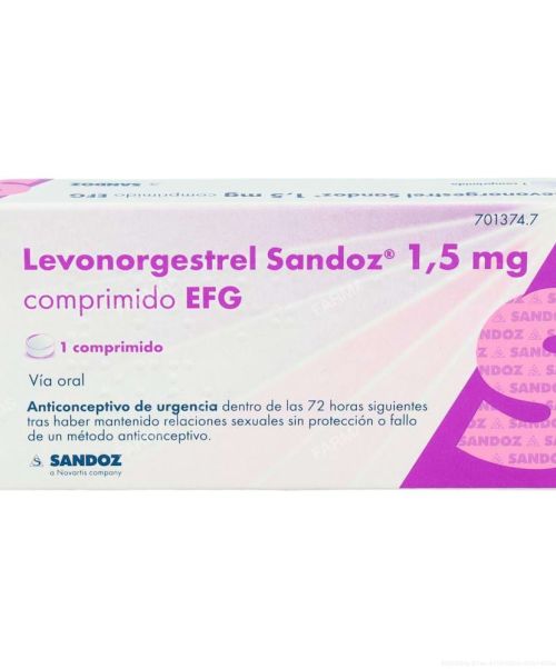 Levonorgestrel Sandoz 1,5mg - Anticonceptivo de emergencia, píldora del día después.Se puede tomar hasta máximo 3 días (72 horas) después de la relación.ADVERTENCIA:Es importante tomarlo cuanto antes para el máximo efecto.Sólo preparamos y enviamos pedidos de Lunes a Viernes (entrega 24-48 horas).Opción de compra con recogida en farmacia disponible.