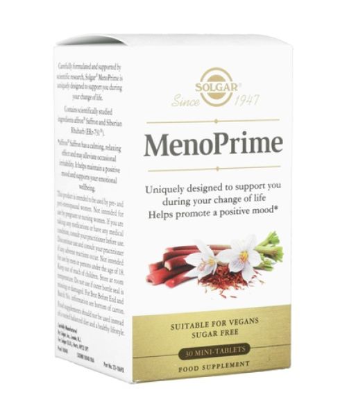 MenoPrime Solgar - Ayuda a las mujeres durante la menopausia. Calma los molestos síntomas que suelen aparecer en esa etapa de la vida.