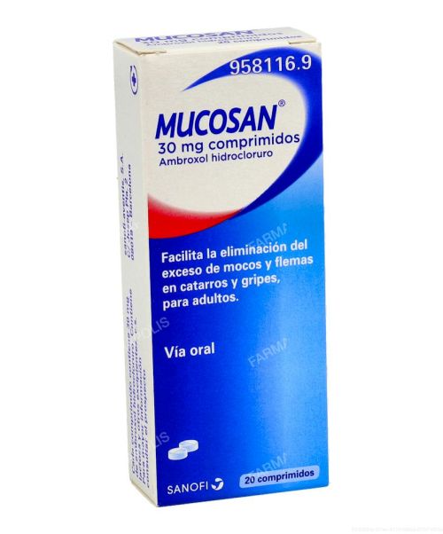 Mucosan 30 mg   - Ayuda a disminuir los mocos y las flemas. Son unos comprimidos a base de ambroxol para tratar las secreciones bronquiales, esto es para ayudar a expectorar y fluidificar el moco. 