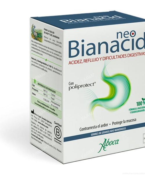 Neo Bianacid - Trata la acidez, ardor, dolor, reflujo gastroesofágico y gastritis. Además, trata los síntomas asociados a la dispepsia (dificultades digestivas) como gases y pesadez.