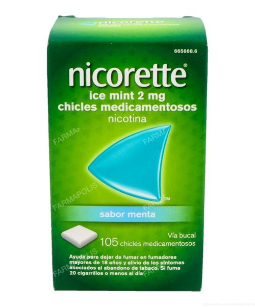 Nicorette (2 mg) ice mint - Son unos chicles con sabor a menta para ayudar a dejar de fumar. Contienen nicotina con lo que ayudan a calmar las ganas de fumar aportando la nicotina que no inhalamos del tabaco.