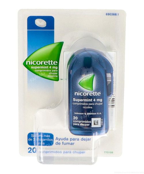 Nicorette (4 mg) supermint - Son unos comprimidos para chupar con sabor a menta para ayudar a dejar de fumar. Contienen nicotina con lo que ayudan a calmar las ganas de fumar aportando la nicotina que no inhalamos del tabaco.