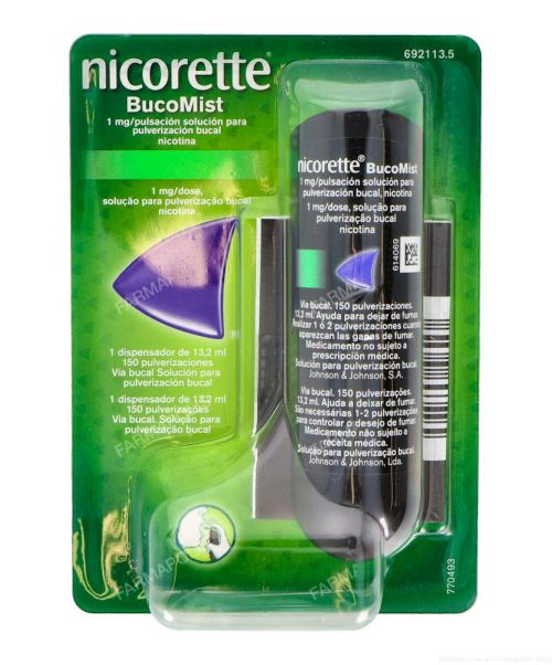 Nicorette bucomist (1mg) - Es una solución para pulverización bucal para ayudar a dejar de fumar. Contienen nicotina con lo que ayudan a calmar las ganas de fumar aportando la nicotina que no inhalamos del tabaco.