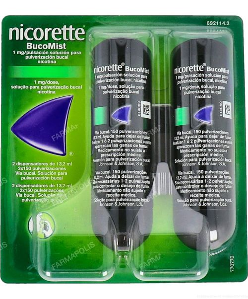 Nicorette bucomist (1mg) - Es una solución para pulverización bucal para ayudar a dejar de fumar. Contienen nicotina con lo que ayudan a calmar las ganas de fumar aportando la nicotina que no inhalamos del tabaco.