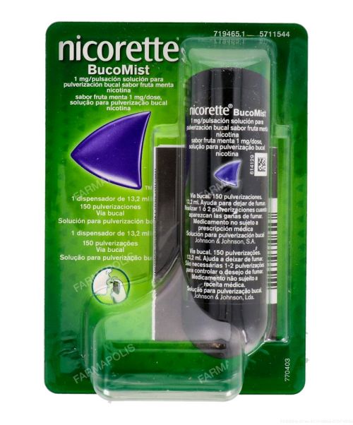 Nicorette bucomist (1mg) - Es una solución para pulverización bucal con sabor a fruta y menta para ayudar a dejar de fumar. Contienen nicotina con lo que ayudan a calmar las ganas de fumar aportando la nicotina que no inhalamos del tabaco.