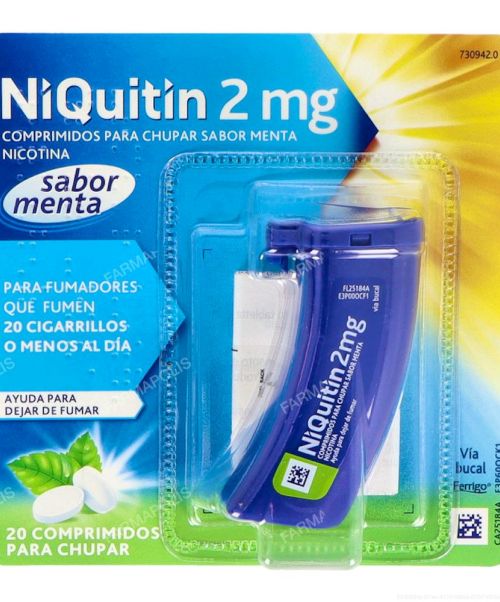 Niquitin 2mg - Son unos comprimidos para chupar con sabor a menta para ayudar a dejar de fumar. Contienen nicotina con lo que ayudan a calmar las ganas de fumar aportando la nicotina que no inhalamos del tabaco.