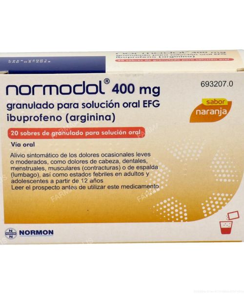 Normodol 400 mg - Antiinflamatorio vía oral . Se usan para el dolor de garganta (anginas), dolor de cabeza, dolores musculares y menstruales.