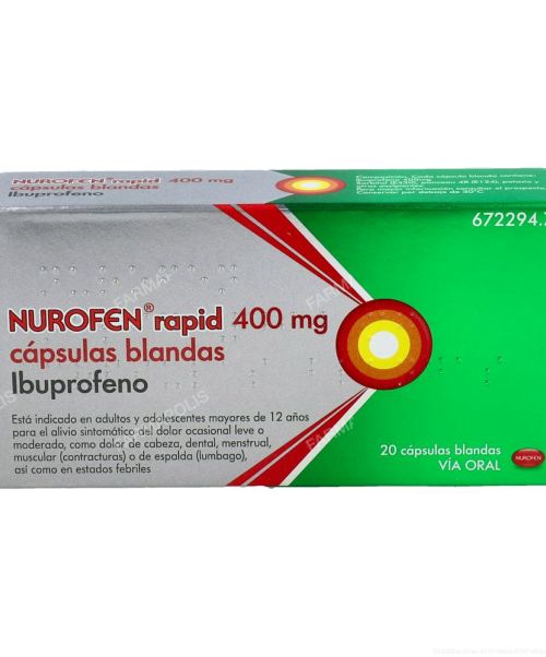 Nurofen rapid 400 mg - Antiinflamatorio vía oral (ibuprofeno). Se usan para el dolor de garganta (anginas), dolor de cabeza, fiebre, dolores musculares y menstruales.