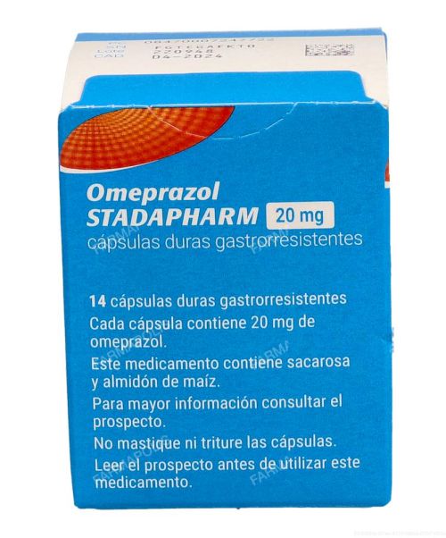 Omeprazol Stadapharm 20mg frasco - Antiácido para contrarrestar el exceso de acidez en el estómago. Modifica el pH o acidez del estómago.