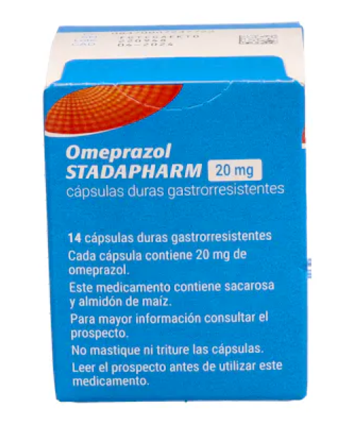 Omeprazol Stadapharm 20mg frasco - Antiácido para contrarrestar el exceso de acidez en el estómago. Modifica el pH o acidez del estómago.
