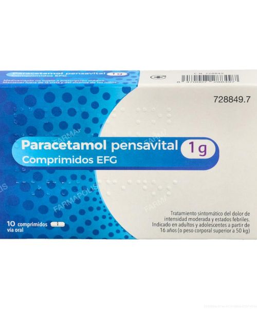 Paracetamol pensavital 1g - Paracetamol para tratar los diferentes tipos de dolores, bajar la fiebre y calmar el malestar general. Válidos para el dolor de cabeza, de muelas, de boca en general, de regla, de espalda, golpes...