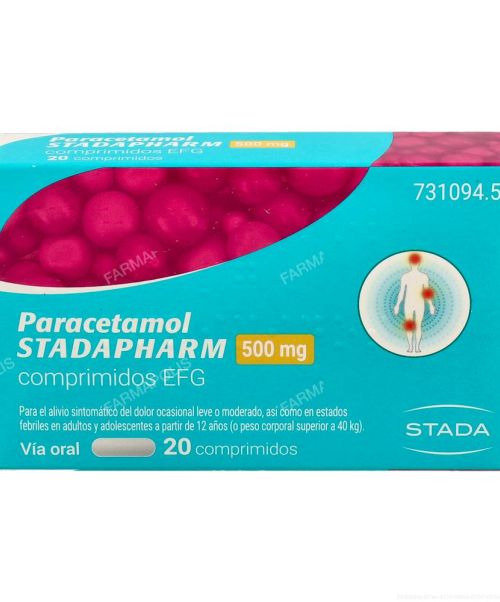 Paracetamol Stadapharm 500mg 20 comprimidos - Paracetamol para tratar los diferentes tipos de dolores, bajar la fiebre y calmar el malestar general. Válidos para el dolor de cabeza, de muelas, de boca en general, de regla, de espalda, golpes...