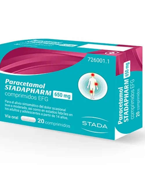 Paracetamol Stadapharm 650mg 20 comprimidos - Paracetamol para tratar los diferentes tipos de dolores, bajar la fiebre y calmar el malestar general. Válidos para el dolor de cabeza, de muelas, de boca en general, de regla, de espalda, golpes...
