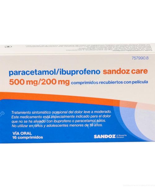 paracetamol/ibuprofeno sandozcare 500/200 mg - Paracetamol e ibuprofeno combinado para tratar los diferentes tipos de dolores, bajar la fiebre y calmar el malestar general. Válidos para el dolor de cabeza, de muelas, de boca en general, de regla, de espalda, golpes...