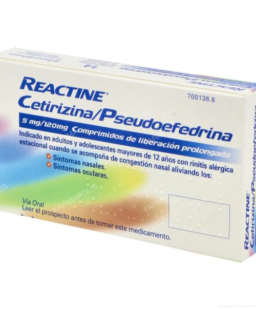 Reactine plus (5/120mg)   - Alivia los síntomas nasales y oculares de la rinitis alérgica estacional cuando se acompaña de congestión nasal, en adultos y adolescentes mayores de 12 años.