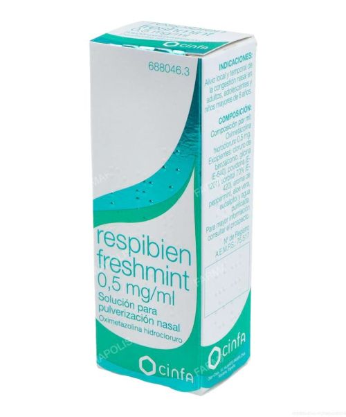 Respibien freshmint (0.05%) - Alivia la congestión nasal. Es un spray descongestivo para la nariz de menta fresca. Vale para congestión nasal, sinusitis, rinitis...No usar más de cuatro días seguidos.