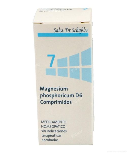 Sal de Schüssler Nº 7 Magnesium phosphoricum D6  - La sal del dolor. Elimina rápidamente calambres y espasmos musculares. El Magnesium phosphoricum o fosfato de magnesio participa en la formación de huesos, músculos y nervios, tienen la capacidad de disminuir los impulsos nerviosos que conducen a los músculos. 