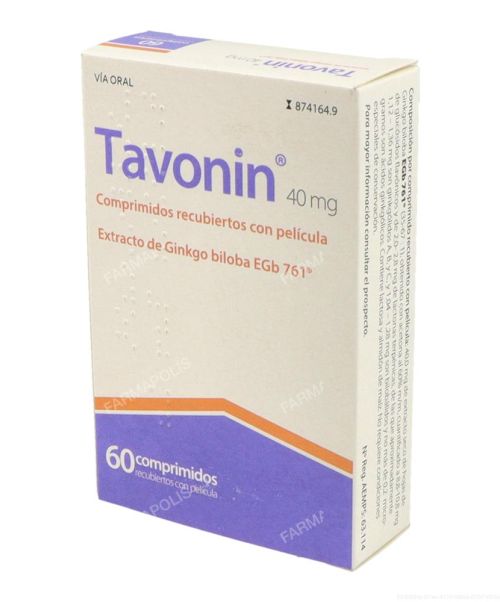 Tavonin 40 mg - Mejoran la microcirculación cerebral con lo que consiguen un efecto contra la demencia senil. Mejoran la memoria y también se usan para tratar el vértigo. Válidos también para tratar la insuficiencia venosa y el tinnitus (pitido o zumbido en el oído). 