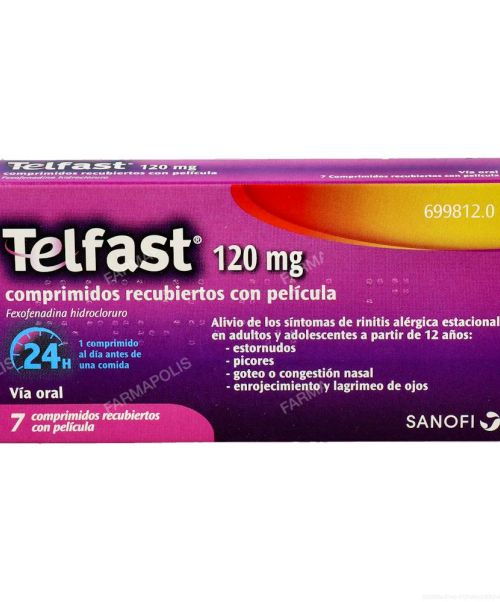 Telfast 120 mg - Comprimidos para tratar diferentes síntomas derivados de la alergia, como lagrimeo, moqueo, congestión y estornudos.