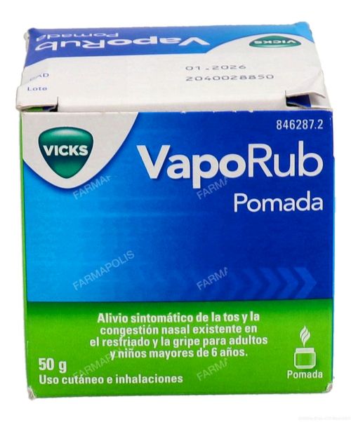 Vicks vaporub  - Es una pomada que calma los síntomas de congestión nasal y tos facilitando la respiración en procesos catarrales y gripales.