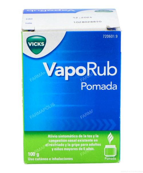 Vicks vaporub  - Es una pomada que calma los síntomas de congestión nasal y tos facilitando la respiración en procesos catarrales y gripales.