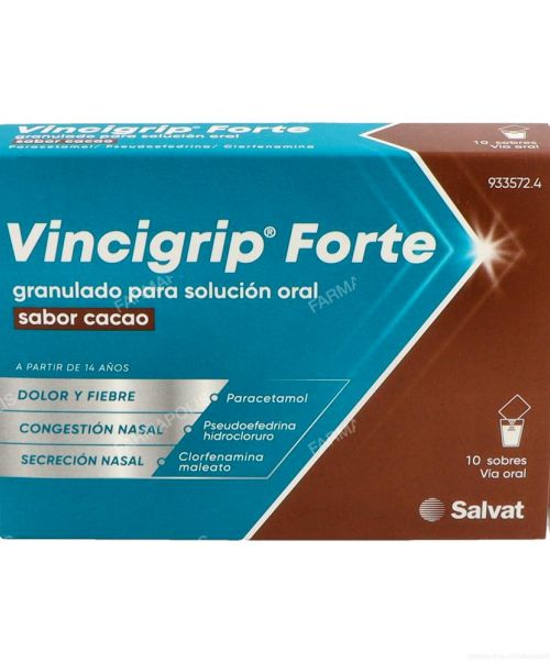 Vincigrip forte cacao - Trata los síntomas gripales o catarrales. Ayuda a disminuir los síntomas de resfriado, fiebre, catarro, rinitis, sinusitis, mocos y malestar general.