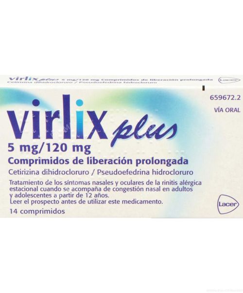 Virlix plus (5/120 mg) - Trata los síntomas de la alergia. Debido a su composición son válidos para calmar el lagrimeo y la irritación ocular, los estornudos y la congestión nasal.